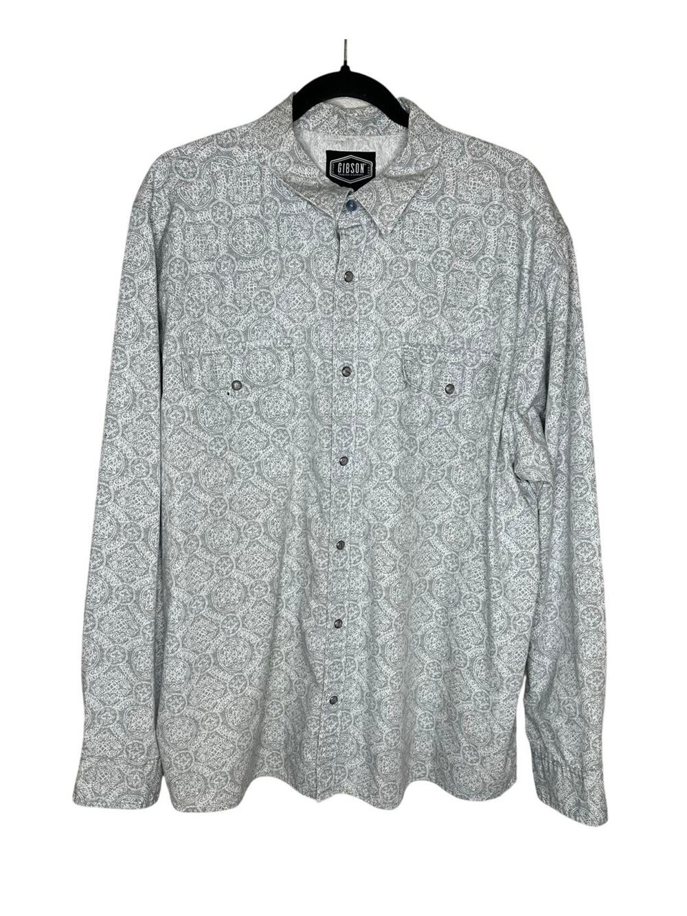 Gibson Western Shirt XXL Gray White Paisley Pearl Snap Front Pocket Long Sleeve